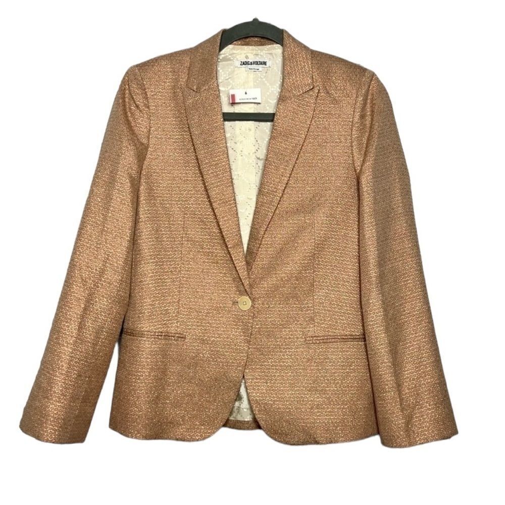 Zadig & Voltaire Rose Gold Metallic Jacquard Blazer Size 34 New Chic Statement